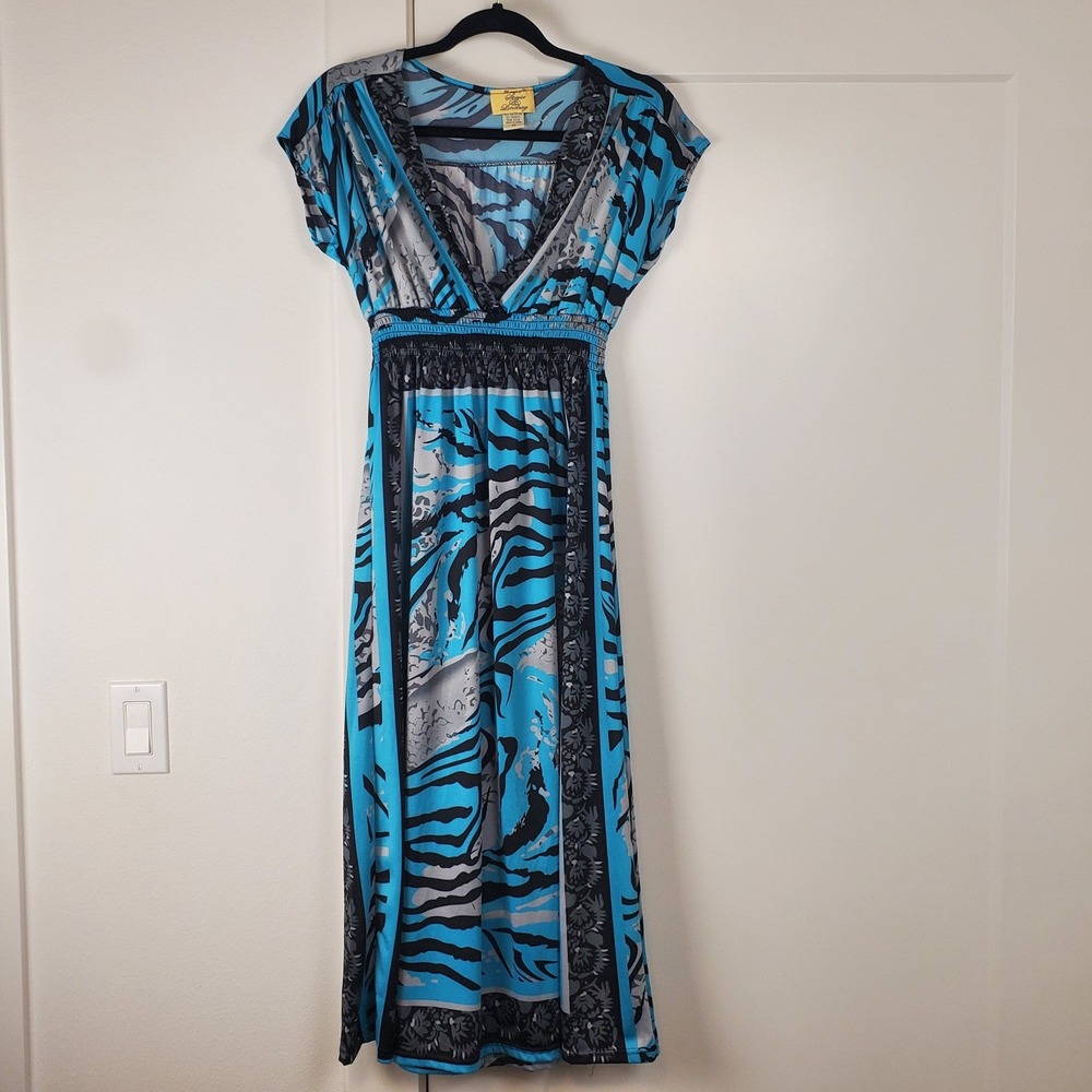 Stevie & Lindsay Maxi Dress Womens Medium Blue Black Animal Print Y2K Vintage